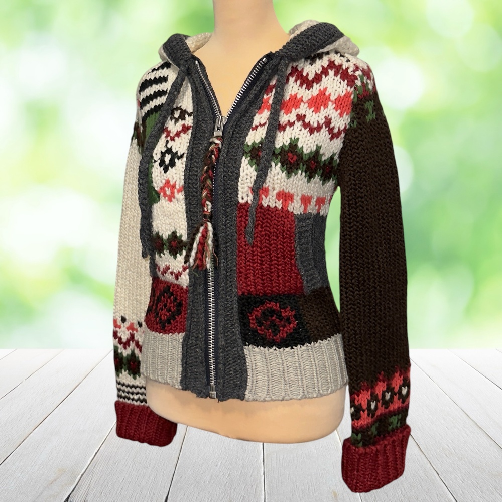 Vtg Y2K SPARROW Anthropologie Wool Hoodie Sweater Patchwork Fair Isle Zip Sz XS